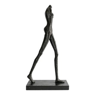 Modern Giacometti-Style Walking Female Sculpture in Base, 5 Ft For Sale