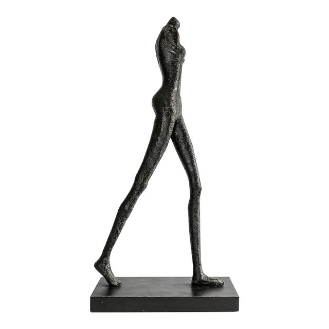 Modern Giacometti-Style Walking Female Sculpture in Base, 5 Ft For Sale