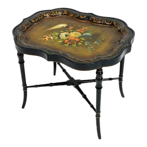 19th Century Polychrome Black Lacquer Tole Tray Table