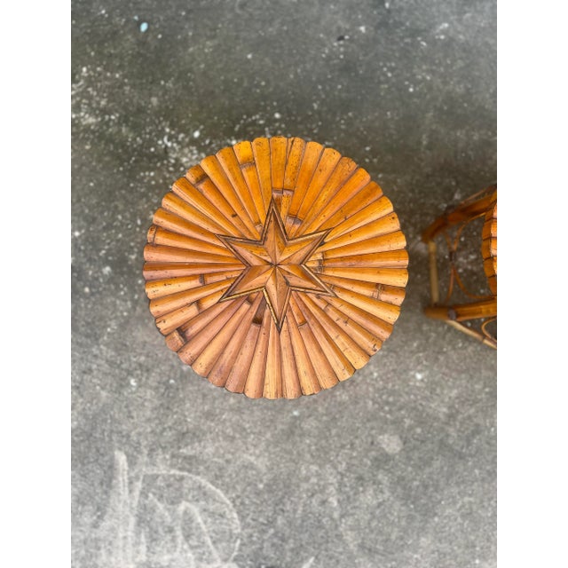 Wood Late 20th Century Rattan and Bamboo Pair of Barrel Side Tables With Inset Star Top For Sale - Image 7 of 12