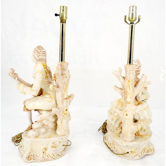 Capo Di Monte 28"h Porcelain Ceramic Figural Table Lamps Man Woman Playing Guitar For Sale - Image 4 of 13