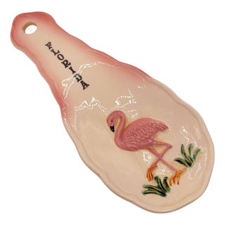 Mid-Century Hand Painted 3d Flamingo Florida Tropical Beach Themed Spoon Rest For Sale