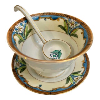 Early 20th Century Noritake Art Deco Mayonnaise or Condiment Bowl With Ladle and Saucer For Sale