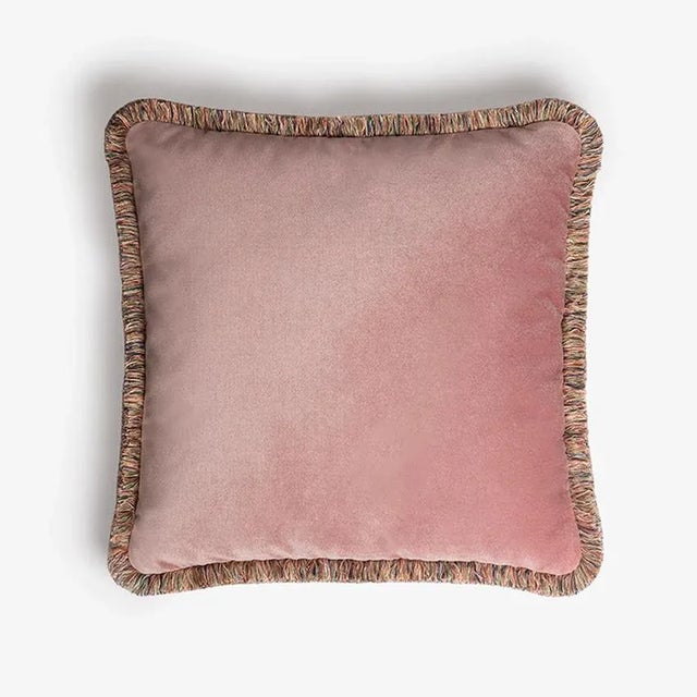 Early 21st Century Happy Pink Velvet Cushion with Multi-Colored Fringe by Lorenza Briola for LO DECOR For Sale - Image 5 of 5