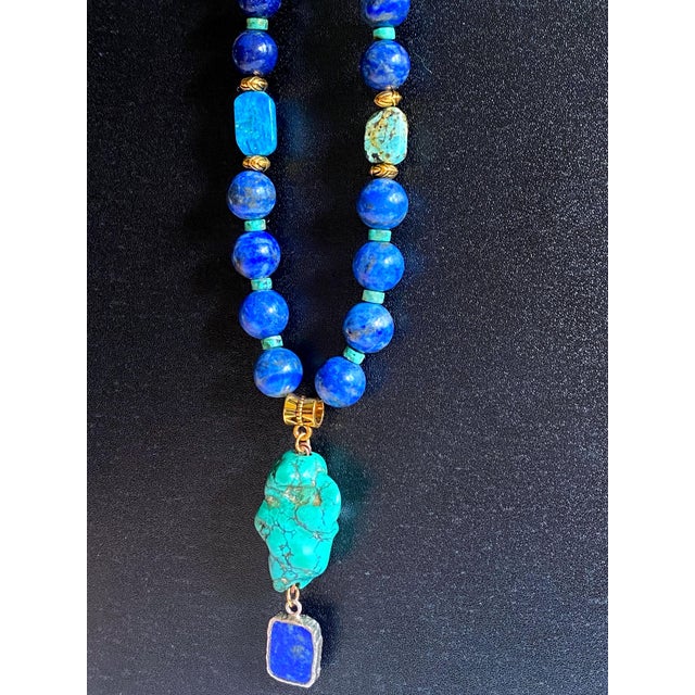 One-of-a-Kind Lapis Lazuli & Turquoise Statement Necklace | Vintage Turquoise Pendant | Artisan Bohemian Luxury Jewelry For Sale - Image 13 of 17
