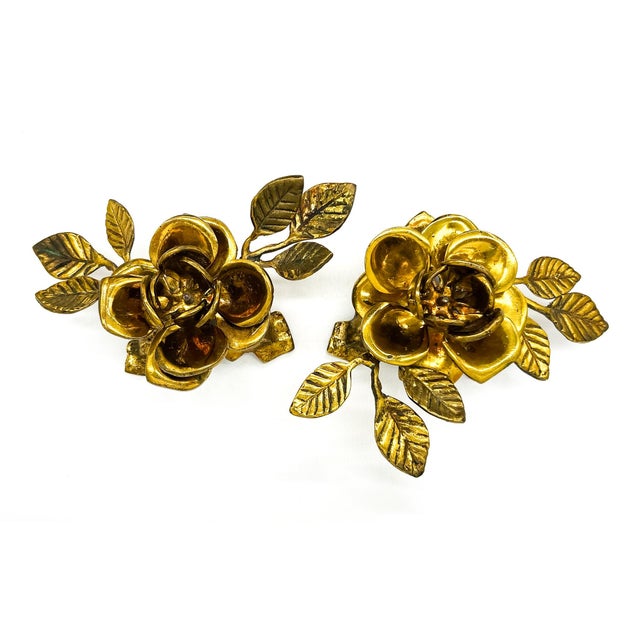 Metal Vintage Pair Gold-Tone Metal Rose Candle Holders — Hollywood Regency / Maison Jansen Style For Sale - Image 7 of 12