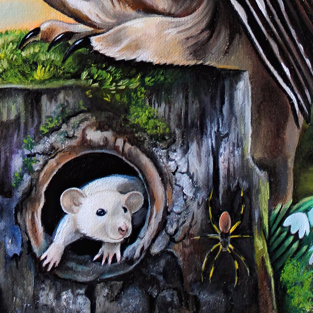 The King's Prey by Claudia Griesbach-Martucci | Oil on board Owl with a crown and a butterfly. For Sale - Image 4 of 5