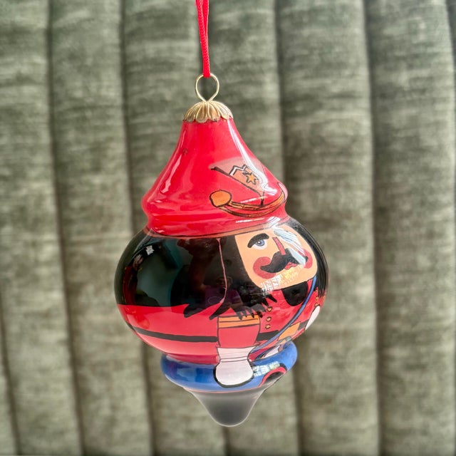 1990s Vintage Pier 1 Li Bien Nutcracker Glass Christmas Ornament - Reverse Hand Painted Blown Glass Holiday Decor For Sale - Image 5 of 10