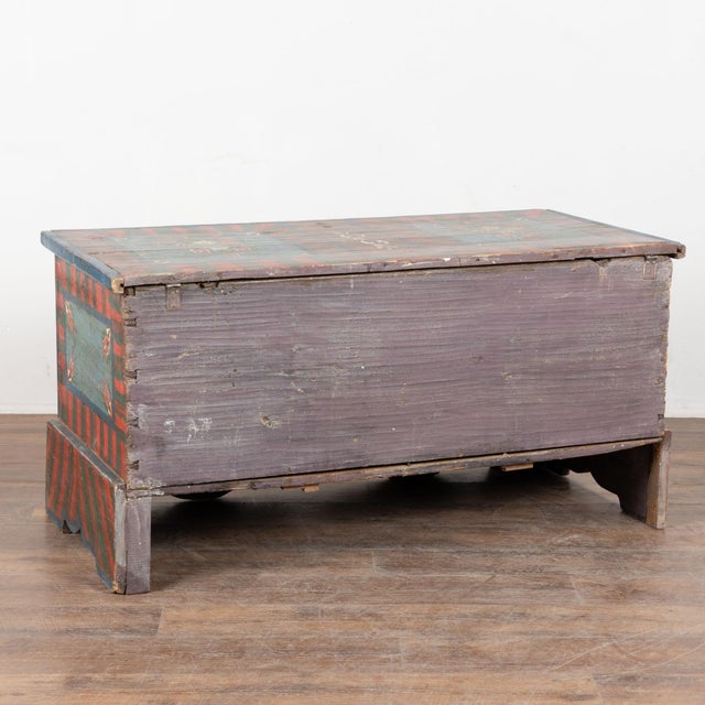 19th Century Original Blue and Red Painted Pine Large Flat Top Trunk For Sale - Image 15 of 15