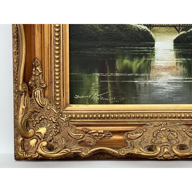Serenity Over the Bridge - Lake Scene With Lush Green Trees by British Artist 1976 For Sale - Image 4 of 8