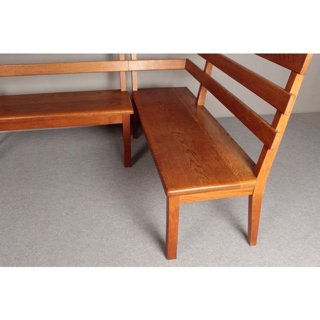 Alpine Corner Bench in Oak with Christian Symbolism, 1930s, Set of 2 For Sale - Image 3 of 18