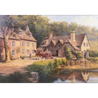 Shire Horses with Cart & Figures outside Farmhouse in the Cotswolds of England 1980 Circa For Sale