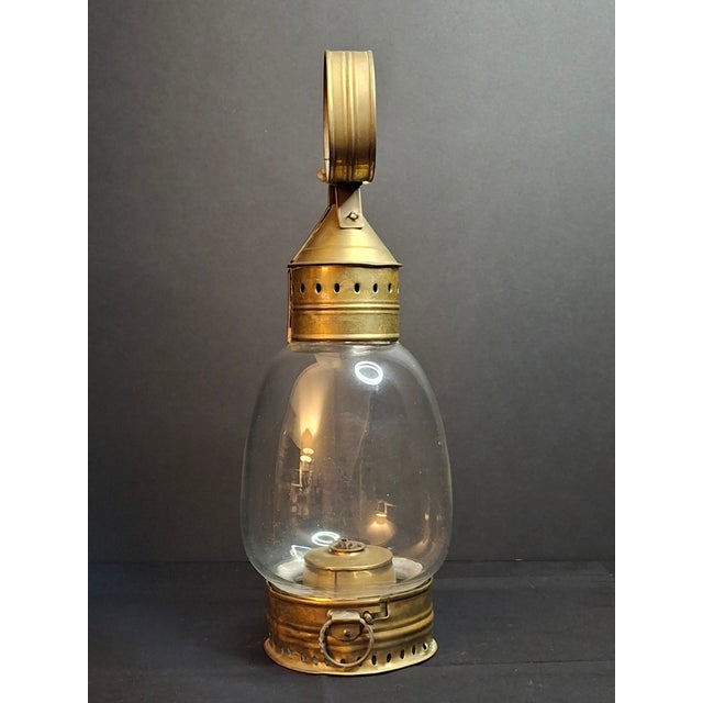 Antique 1840s Brass Whale Oil Lantern Fixed Globe Pear Shape Glass For Sale - Image 4 of 14