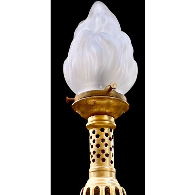 Brass Attributed to James Mont MCM Gilt Brass Candlestick Lamp With Frosted Glass Flame Shade For Sale - Image 8 of 14