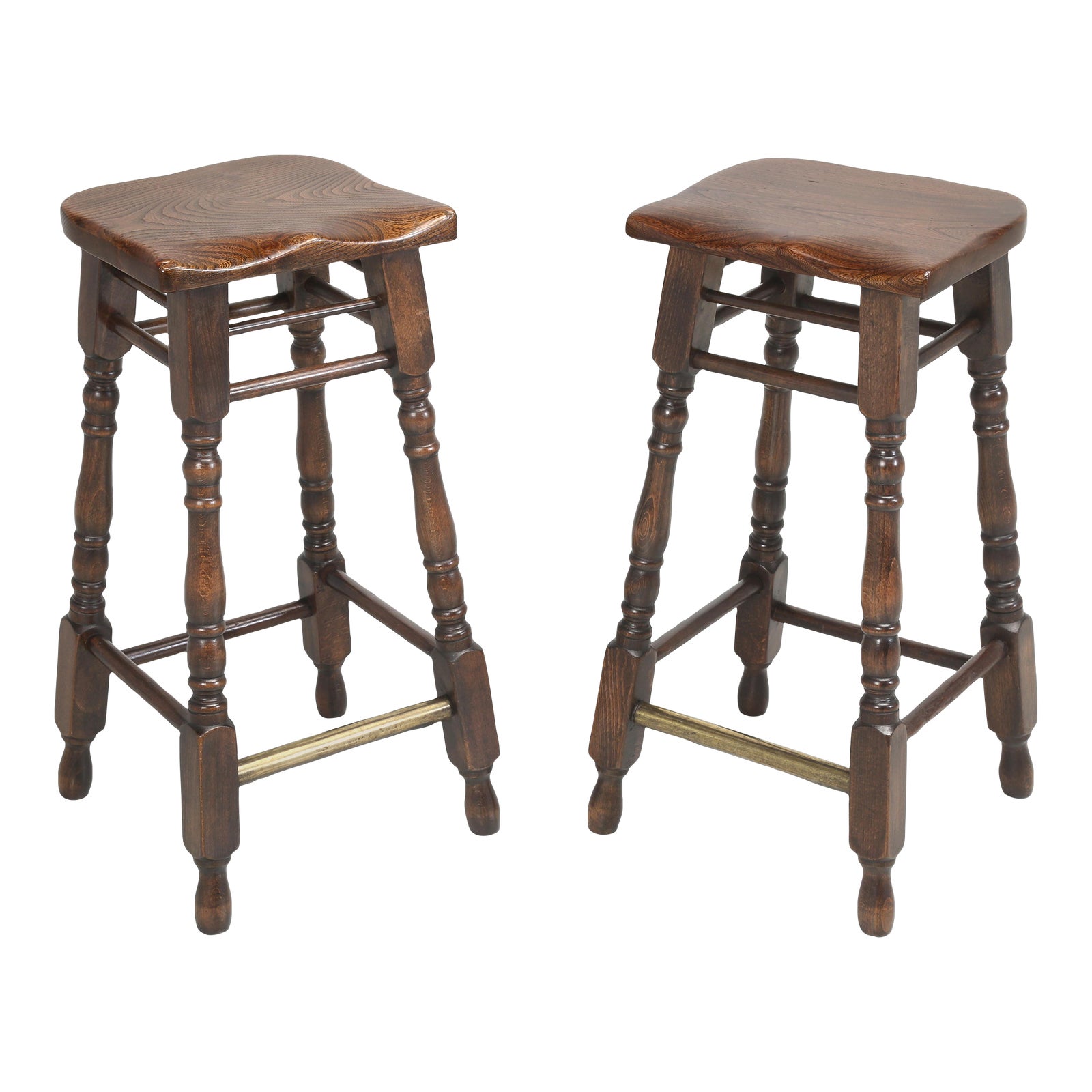 Pair of Irish Elm Wood Saddle Seat Stools Perfect for American Kitchen
