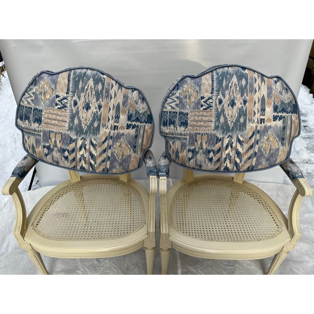 Cream Vintage Painted Caned Louis XVI Fauteuil Chairs a Pair For Sale - Image 8 of 12