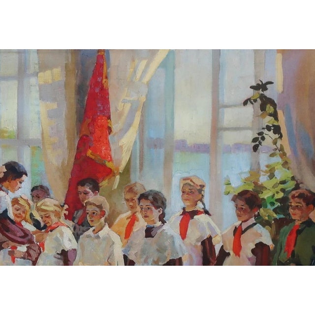 Campaign Soviet Children Oil Painting, Socialist Realism, Ukrainian Art, 1970s 94-135 For Sale - Image 3 of 6