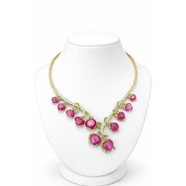 Gemstone Bochic “Capri” Vintage Natural Ruby, White Topaz & Peridot Necklace For Sale - Image 7 of 9