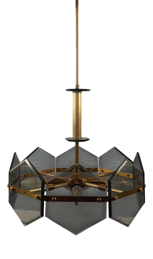 Modernist Chandelier in Brass Smoked Glass by Gino Paroldo for Fontana Arte, 1960