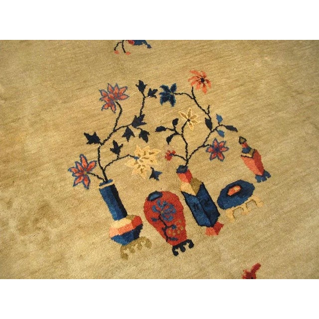 1920s Tan Taupe Minimalist Floral Antique Chinese Peking Rug 9'2" X 11'6" Knotted Wool Carpet For Sale - Image 4 of 9