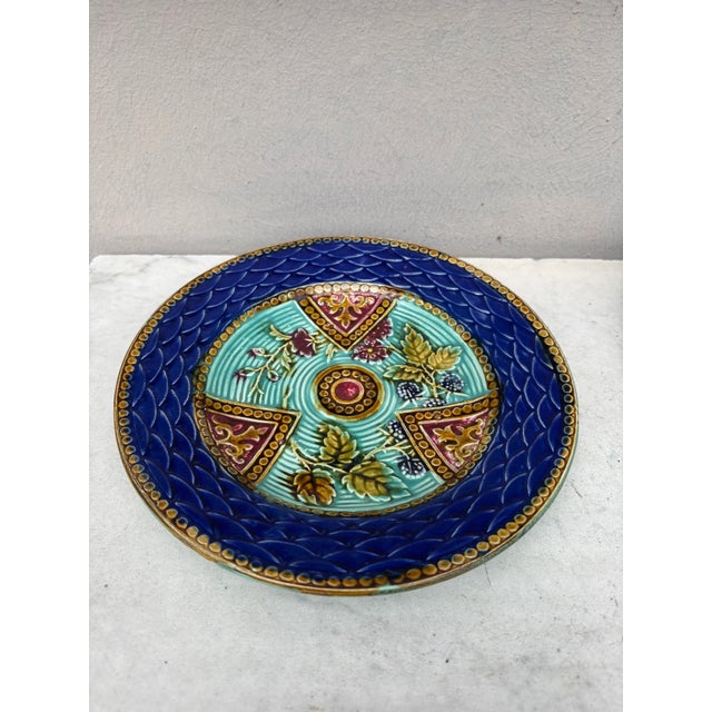 French Majolica plate Onnaing Circa 1890. flowers and blackberries.