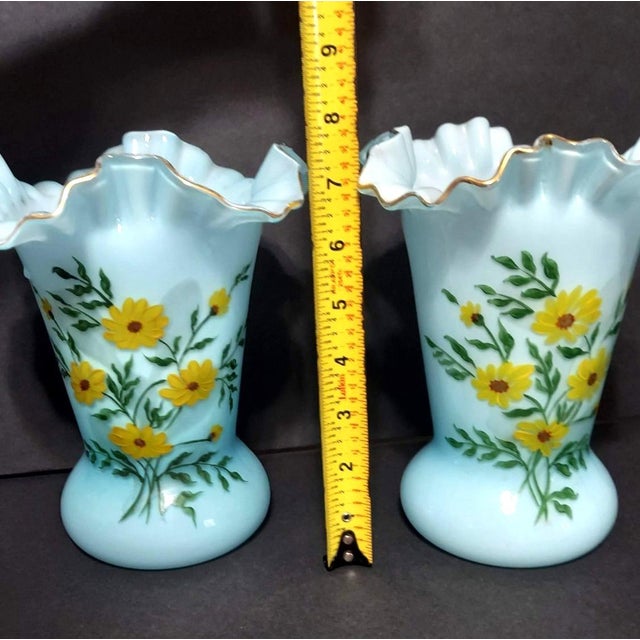 Pair of Antique Blue Opaline Bristol Glass Vases Ruffled Edge Hand Painted Matching Mantel For Sale - Image 10 of 10