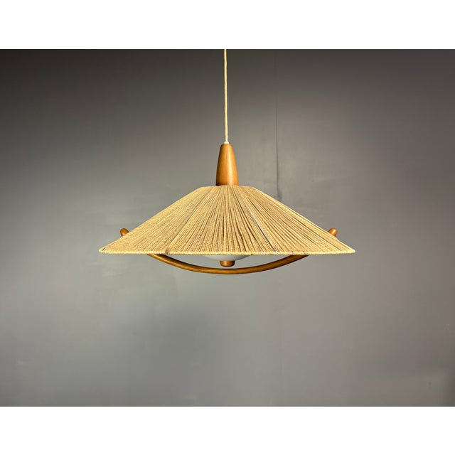 Large Mid-Century Teak and Sisal Cord Pendant Light from Temde Leuchten, 1960s For Sale - Image 6 of 11
