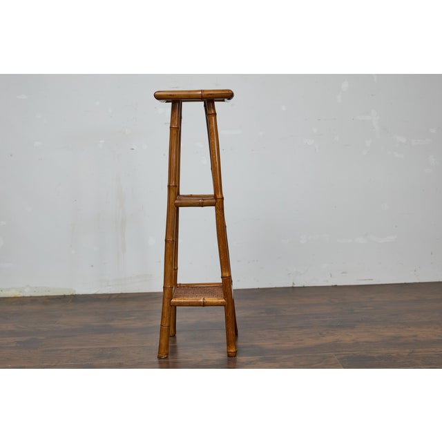 Rustic 1920s English Walnut Faux Bamboo Stand with Rattan Top and Two Shelves For Sale - Image 11 of 12