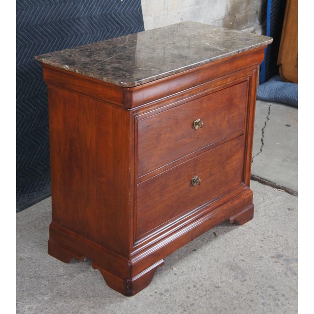 Stickley A Pair of Stickley French Louis Philippe Style Cherry Marble Top Nightstands Bedside Table For Sale - Image 4 of 15