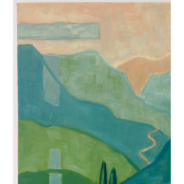 Contemporary abstract mountainous landscape in many hues of green with accents of natural tans and browns. Signed on the...