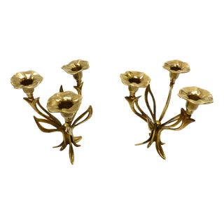 Three-Light Tripod Brass Candlesticks with Organic Floral Decoration, 1960s, Set of 2 For Sale