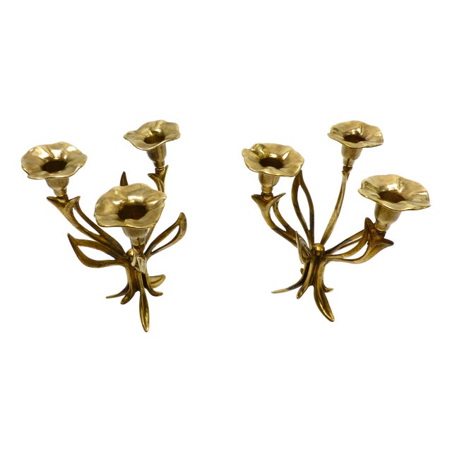 Three-Light Tripod Brass Candlesticks with Organic Floral Decoration, 1960s, Set of 2 For Sale