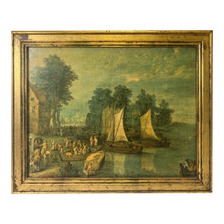 Mid 20th Century Italian Landscape With River Port Print, Framed For Sale