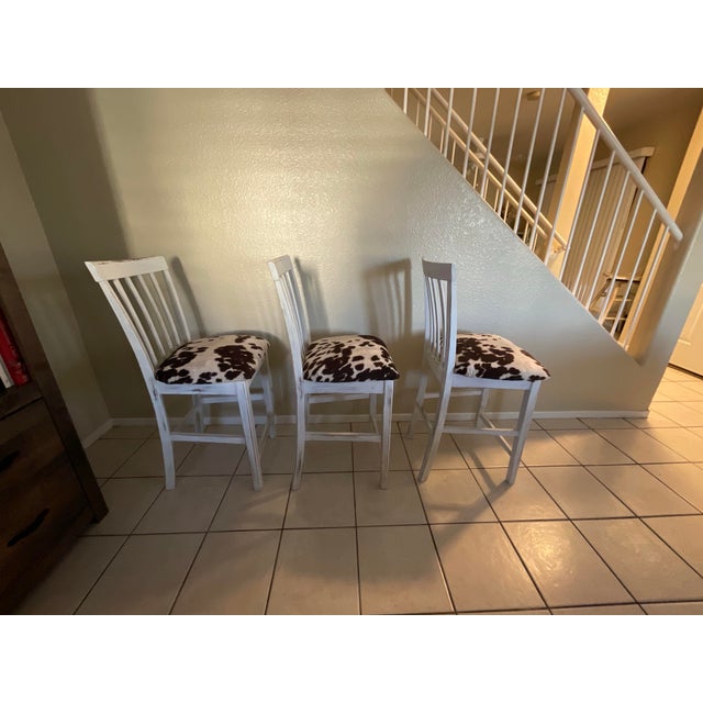 Rustic Farmhouse Whitewash Bar Stools W/ Cowhide Upholstered Seats Set of 3 For Sale - Image 12 of 12