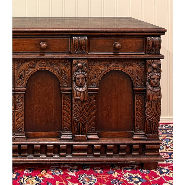 Brown Antique English Renaissance Style Sideboard Server Entry Buffet Oak c.1930-40s For Sale - Image 8 of 18