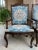 Pair Antique French Dining Arm Chairs Louis XV Carved Oak Blue Persian Textile For Sale - Image 4 of 18