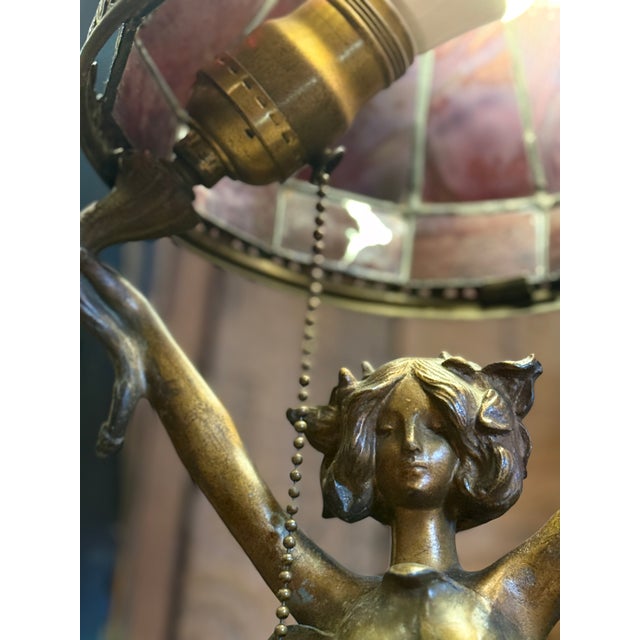 Ruby Red Antique Art Nouveau Cast Bronze Figural Lamp Signed J. Causse Ruby Red Stained Glass Shade c.1900 For Sale - Image 8 of 16