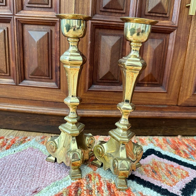 Pair of Vintage Brass Baroque Candlesticks Trifoot Base, 11.5″ Tall, C. 1960s For Sale - Image 4 of 7