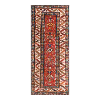 1880s Red Geometric Antique Caucasian Kazak Rug 4' X 9'2" Handknotted Wool Carpet For Sale