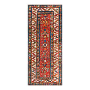 1880s Red Geometric Antique Caucasian Kazak Rug 4' X 9'2" Handknotted Wool Carpet