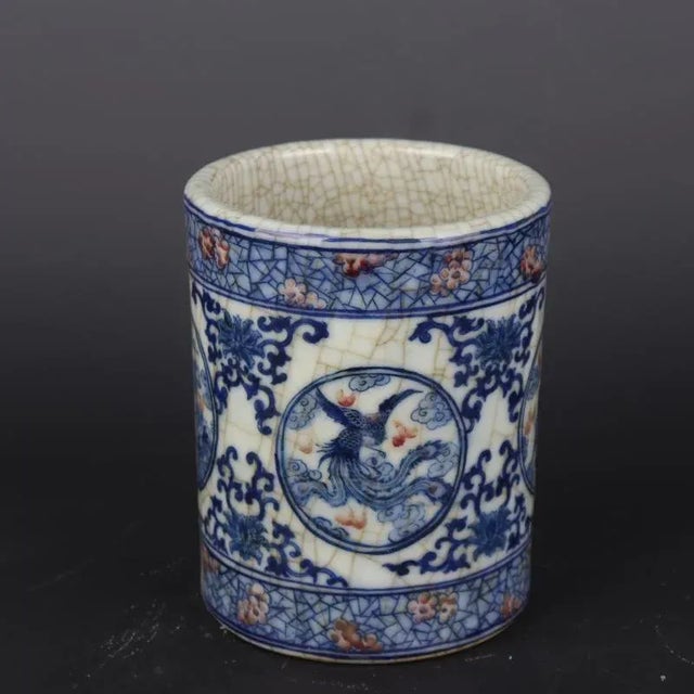 Chinese Vintage Ceramic Pen Holder,Old Porcelain Factory Blue and White Porcelain Brush Washer Hand Painted Four Divine Beasts Pattern For Sale - Image 4 of 7