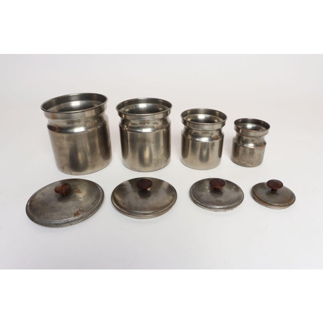Industrial Set of Four Vintage Portuguese Metal and Teak Lidded Graduated Nesting Canisters / Jars by Tagus For Sale - Image 3 of 18
