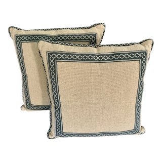Square Woven Pillows with Custom Trim and Edging - A Pair For Sale