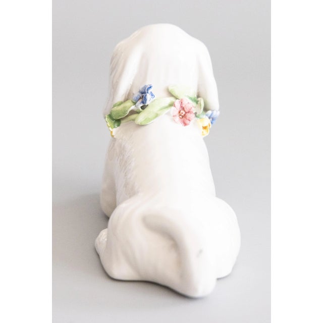 1950s Vintage Italian White Majolica Dog Figurine With Flower Wreath For Sale - Image 5 of 9