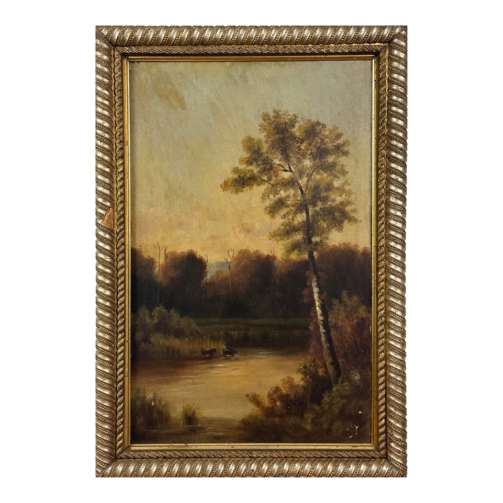 Antique Sunset Landscape With Lake and Cows, Oil on Canvas | Chairish