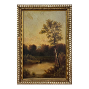 Antique Sunset Landscape With Lake and Cows, Oil on Canvas