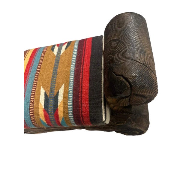 Brown Rustic Hand Carved Mexican Wooden Bench With New Zapotec Tapestry Seat From Oaxaca For Sale - Image 8 of 8