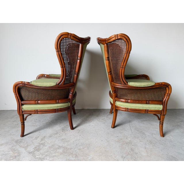 Vintage Coastal Hollywood Regency Style Ethan Allen Faux Bamboo & Cane Wingback Bergère Chairs – A Pair For Sale - Image 9 of 12