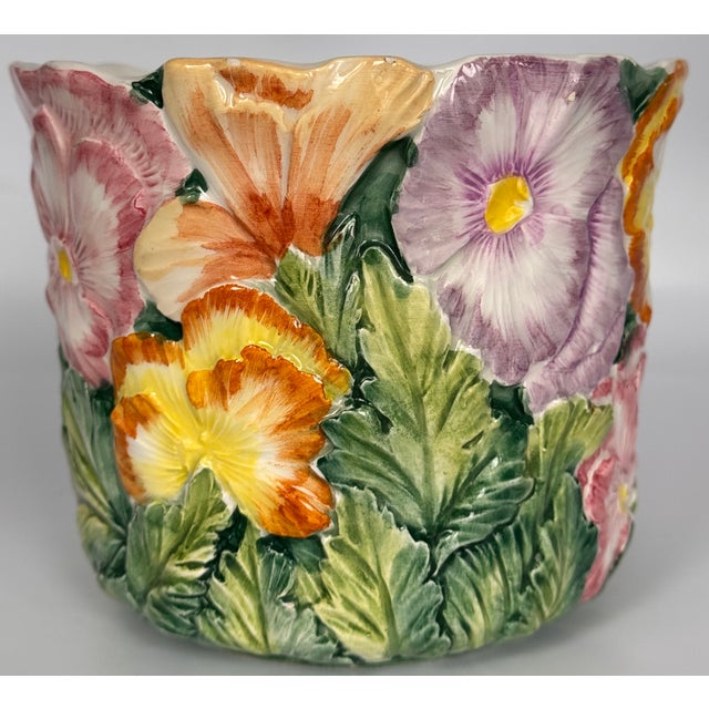 Ceramic Vintage Italian Floral Majolica Style Cache Pot For Sale - Image 7 of 7