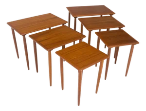 Pair of 2 Sets of Teak Danish Mid Century Modern Dowel Legs Nesting Tables